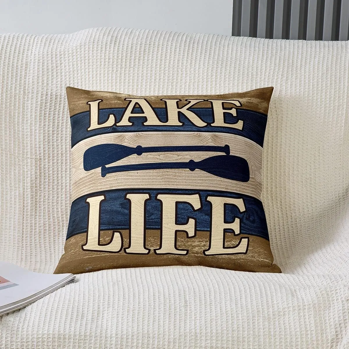 Set of 2 Lake House Throw Pillow Covers 18x18 Inch, Rustic Farmhouse Pillow Covers, Lake Paddle Cushion Covers Cabin Decor, Blue Brown Retro Wood Grain Decorative Pillow Covers for Home Bed Couch