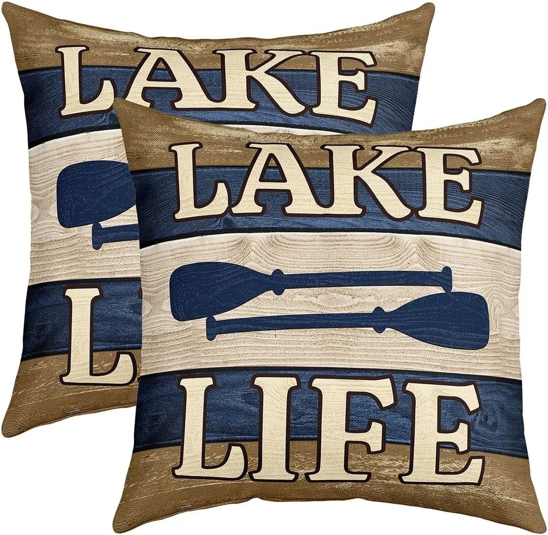 Set of 2 Lake House Throw Pillow Covers 18x18 Inch, Rustic Farmhouse Pillow Covers, Lake Paddle Cushion Covers Cabin Decor, Blue Brown Retro Wood Grain Decorative Pillow Covers for Home Bed Couch
