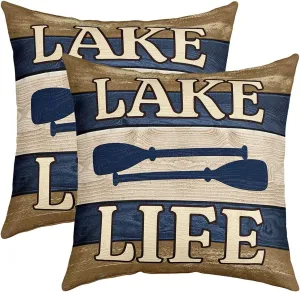 Set of 2 Lake House Throw Pillow Covers 18x18 Inch, Rustic Farmhouse Pillow Covers, Lake Paddle Cushion Covers Cabin Decor, Blue Brown Retro Wood Grain Decorative Pillow Covers for Home Bed Couch