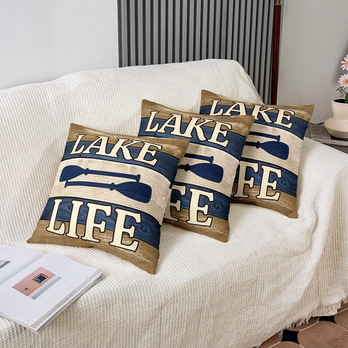 Set of 2 Lake House Throw Pillow Covers 18x18 Inch, Rustic Farmhouse Pillow Covers, Lake Paddle Cushion Covers Cabin Decor, Blue Brown Retro Wood Grain Decorative Pillow Covers for Home Bed Couch