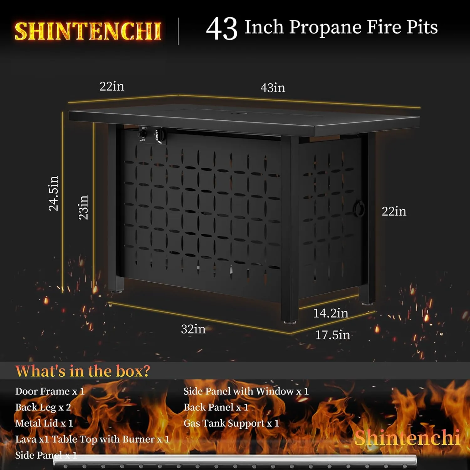 Shintenchi 43 Inch Fire Pit, 50,000 BTU Outdoor Propane Fire Table, Outdoor Steel Propane Fire Pit with Lid and Lava Rock for Garden, Yard, Camping, Pool Use, Black