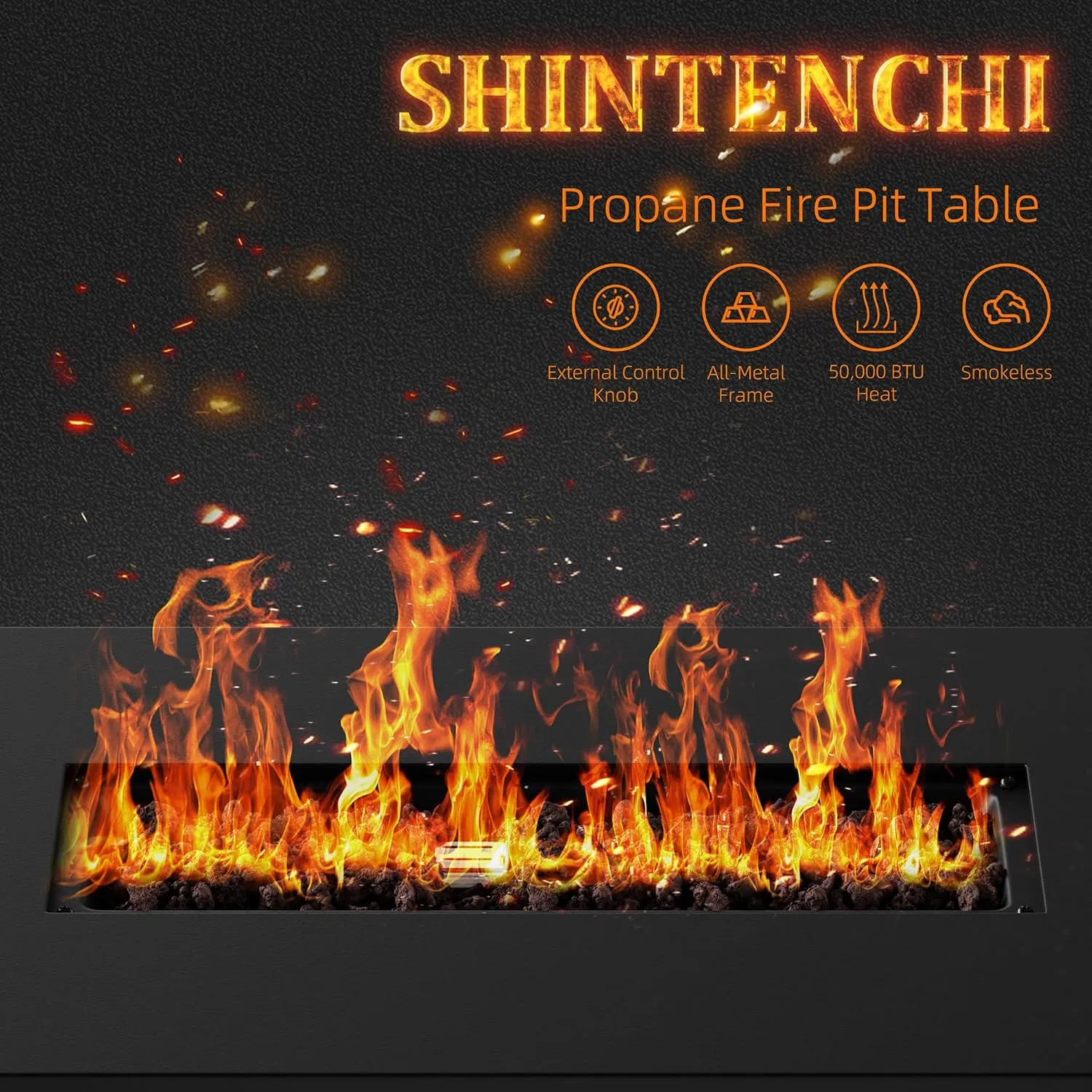 Shintenchi 43 Inch Fire Pit, 50,000 BTU Outdoor Propane Fire Table, Outdoor Steel Propane Fire Pit with Lid and Lava Rock for Garden, Yard, Camping, Pool Use, Black