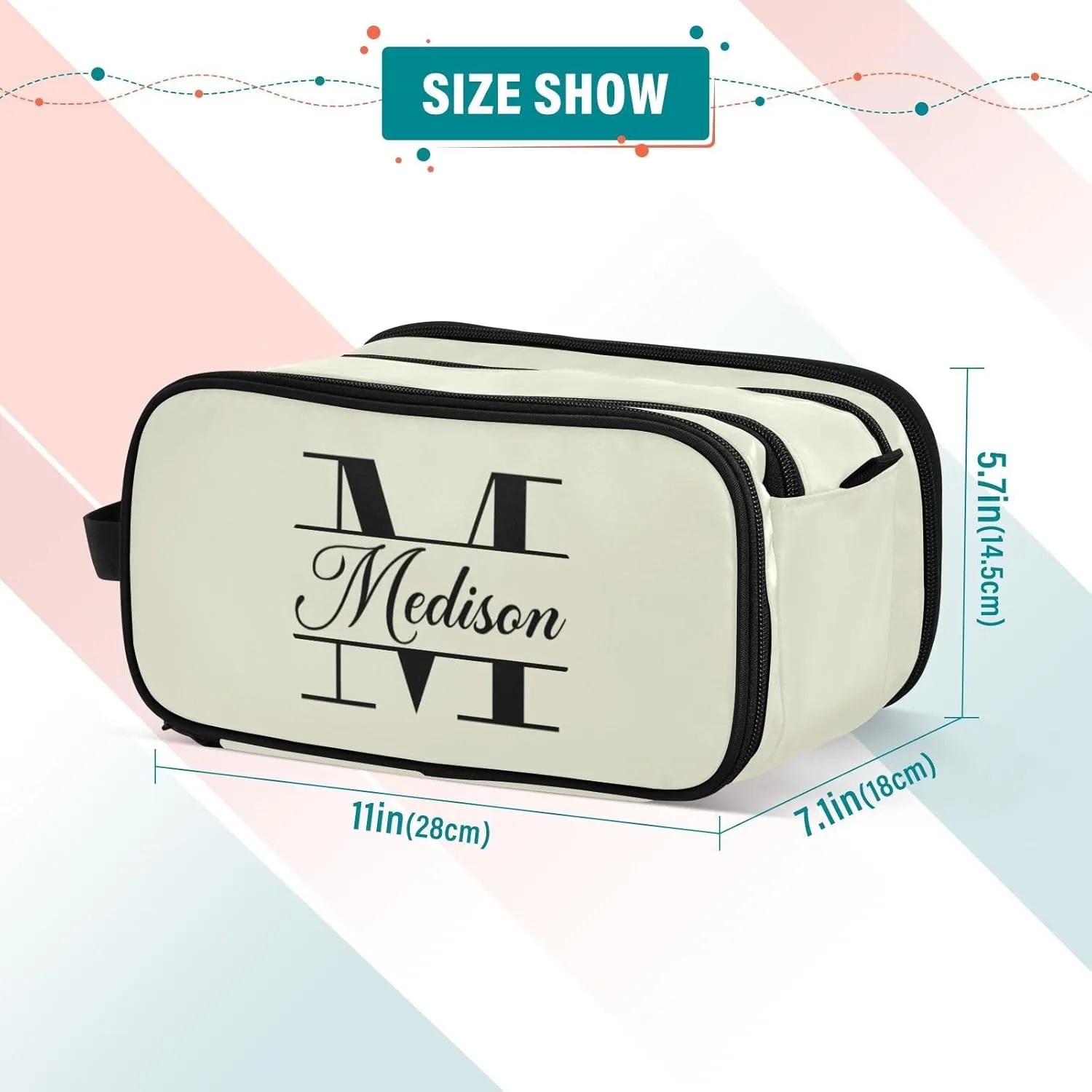 Sinestour Beige Custom Makeup Bag, Large Capacity Personalized Toiletry Bag Cosmetic Bag for Travel Shower Bathroom Bag for Cosmetics Hotel Women