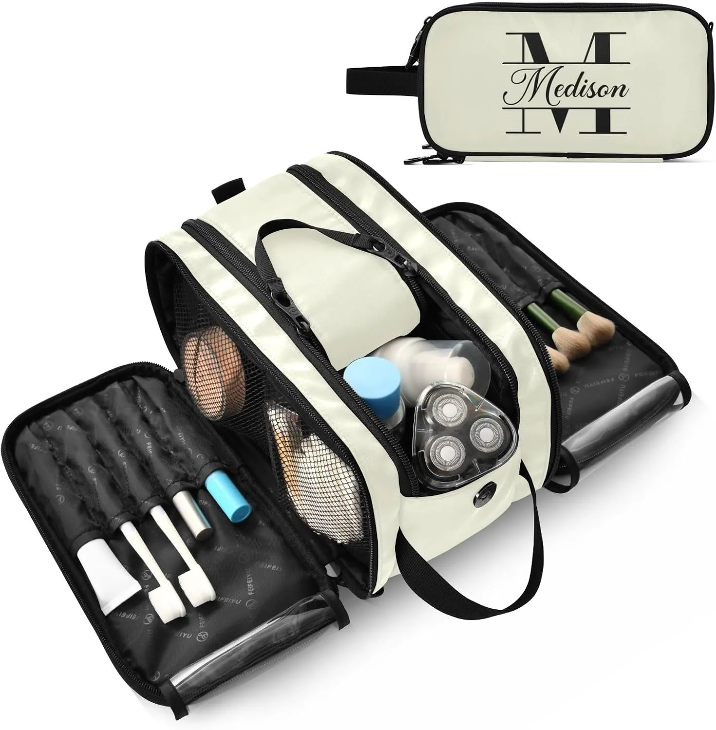 Sinestour Beige Custom Makeup Bag, Large Capacity Personalized Toiletry Bag Cosmetic Bag for Travel Shower Bathroom Bag for Cosmetics Hotel Women