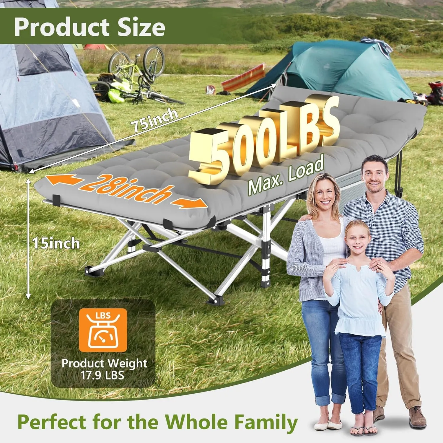 Slendor Camping Cot, Folding Camping Cots for Adults with Mattress, Portable Camping Bed, Sleeping Cot with Pillow & Carry Bag for Office Home Nap, Outdoor, Camping, Travel, Max Load 500lbs