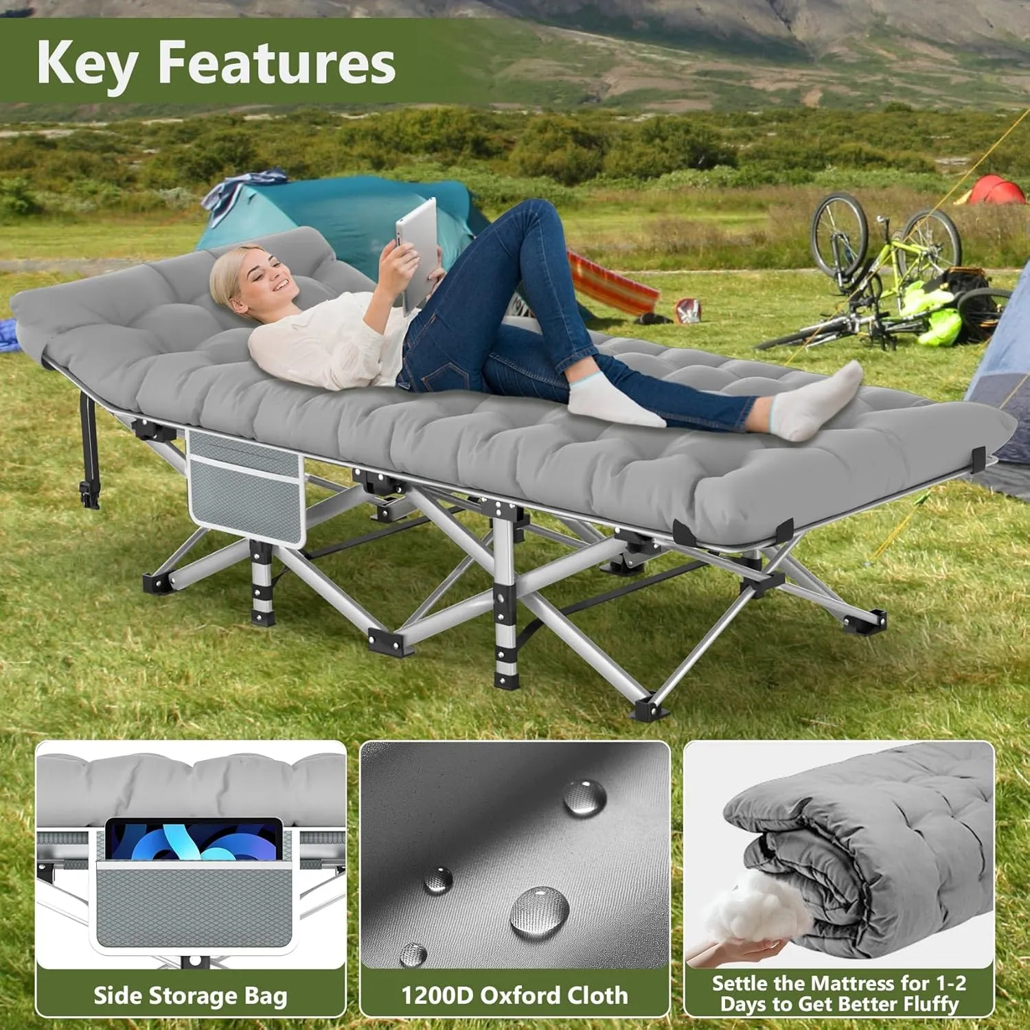 Slendor Camping Cot, Folding Camping Cots for Adults with Mattress, Portable Camping Bed, Sleeping Cot with Pillow & Carry Bag for Office Home Nap, Outdoor, Camping, Travel, Max Load 500lbs