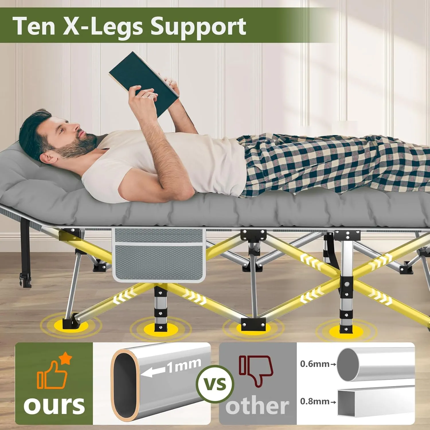 Slendor Camping Cot, Folding Camping Cots for Adults with Mattress, Portable Camping Bed, Sleeping Cot with Pillow & Carry Bag for Office Home Nap, Outdoor, Camping, Travel, Max Load 500lbs