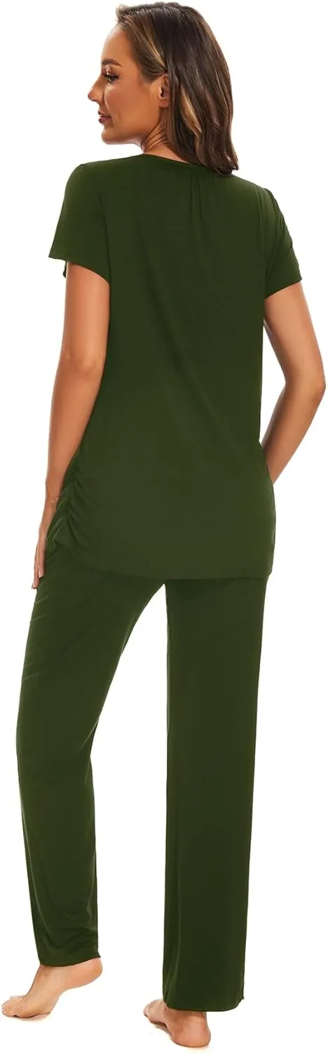 Smallshow Women's Maternity Postpartum Pajamas Ruched Short Sleeve Nursing Pjs