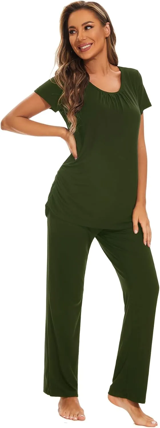 Smallshow Women's Maternity Postpartum Pajamas Ruched Short Sleeve Nursing Pjs