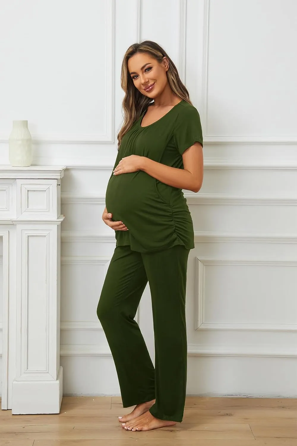 Smallshow Women's Maternity Postpartum Pajamas Ruched Short Sleeve Nursing Pjs