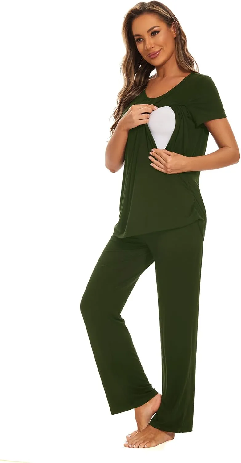 Smallshow Women's Maternity Postpartum Pajamas Ruched Short Sleeve Nursing Pjs