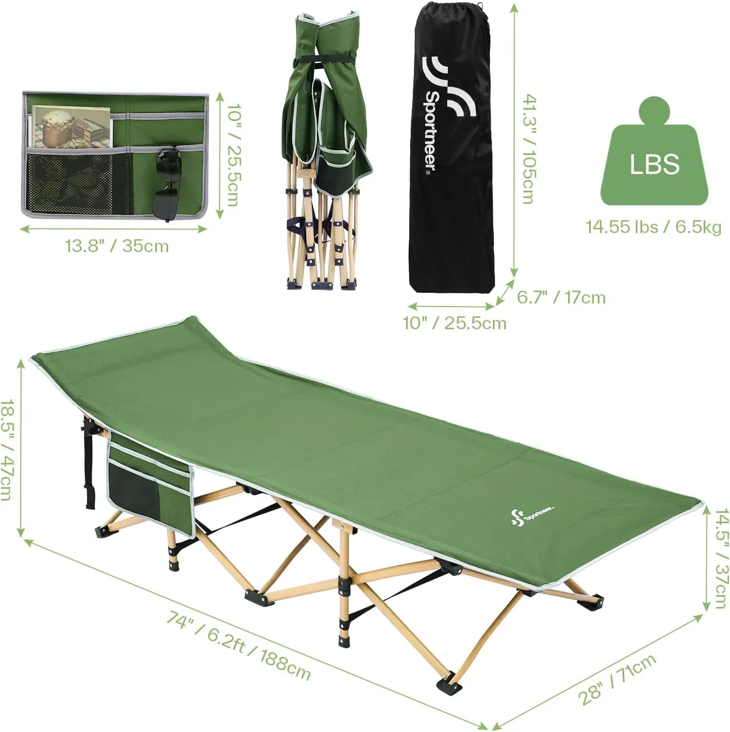 Sportneer Camping Cot: 1200D Double Layer Oxford Foldable Camping Cots for Adults - Heavy Duty Cots for Camping Travel Tent Day Outdoor & Home Guest, Camping Cots with Carry Bag & 2 Side Pockets
