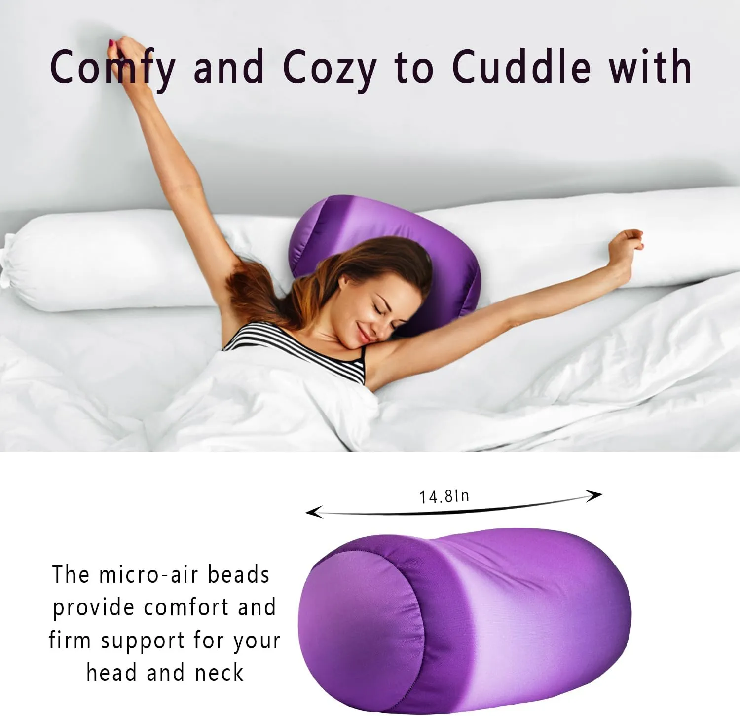 Squishy Microbead Neck Pillow, 7Inch x 12Inch Soft Travel Body Bed Pillow Bean Pillow for Kids Adult Chair Sleeping Car Seat, Fun Dormroom (Purple Colorful)