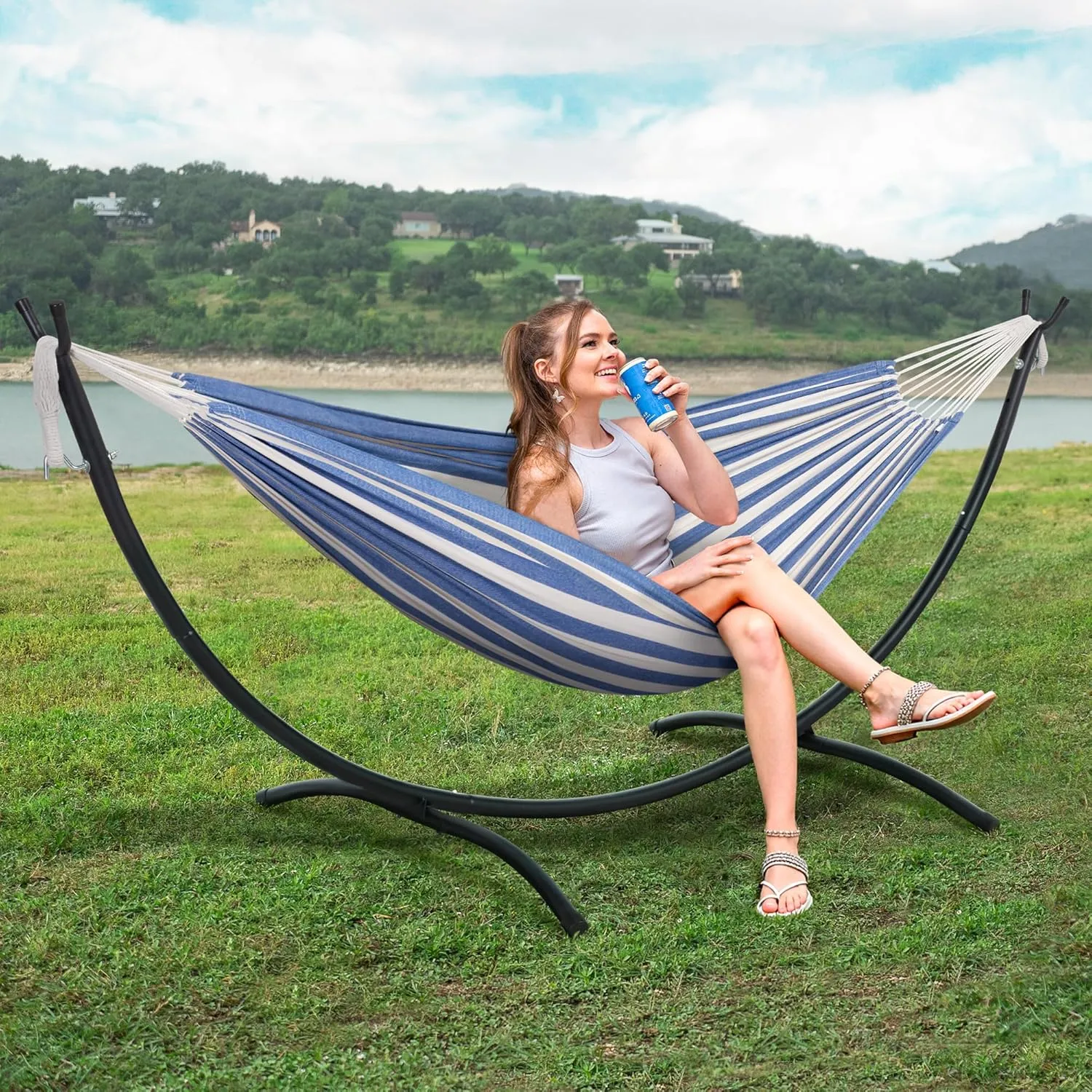 SUNCREAT Backyard Hammock with Frame, Hammock Frames for Outside, 475 lbs Capacity, Blue & White Stripes