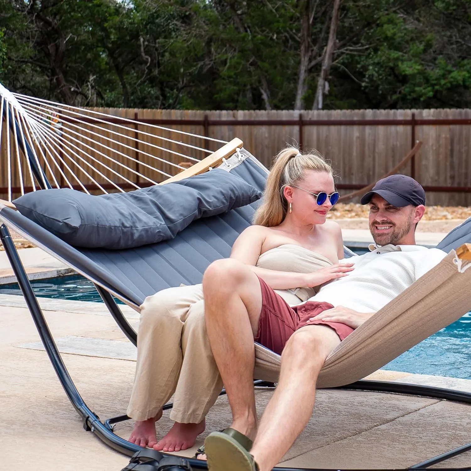 SUNCREAT Double Hammock with Curved Spreader Bar, Hammock with Stand Included 2 Person, Patent Pending, Dark Gray