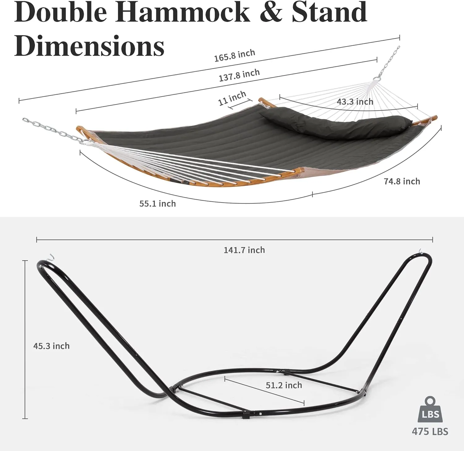 SUNCREAT Double Hammock with Curved Spreader Bar, Hammock with Stand Included 2 Person, Patent Pending, Dark Gray