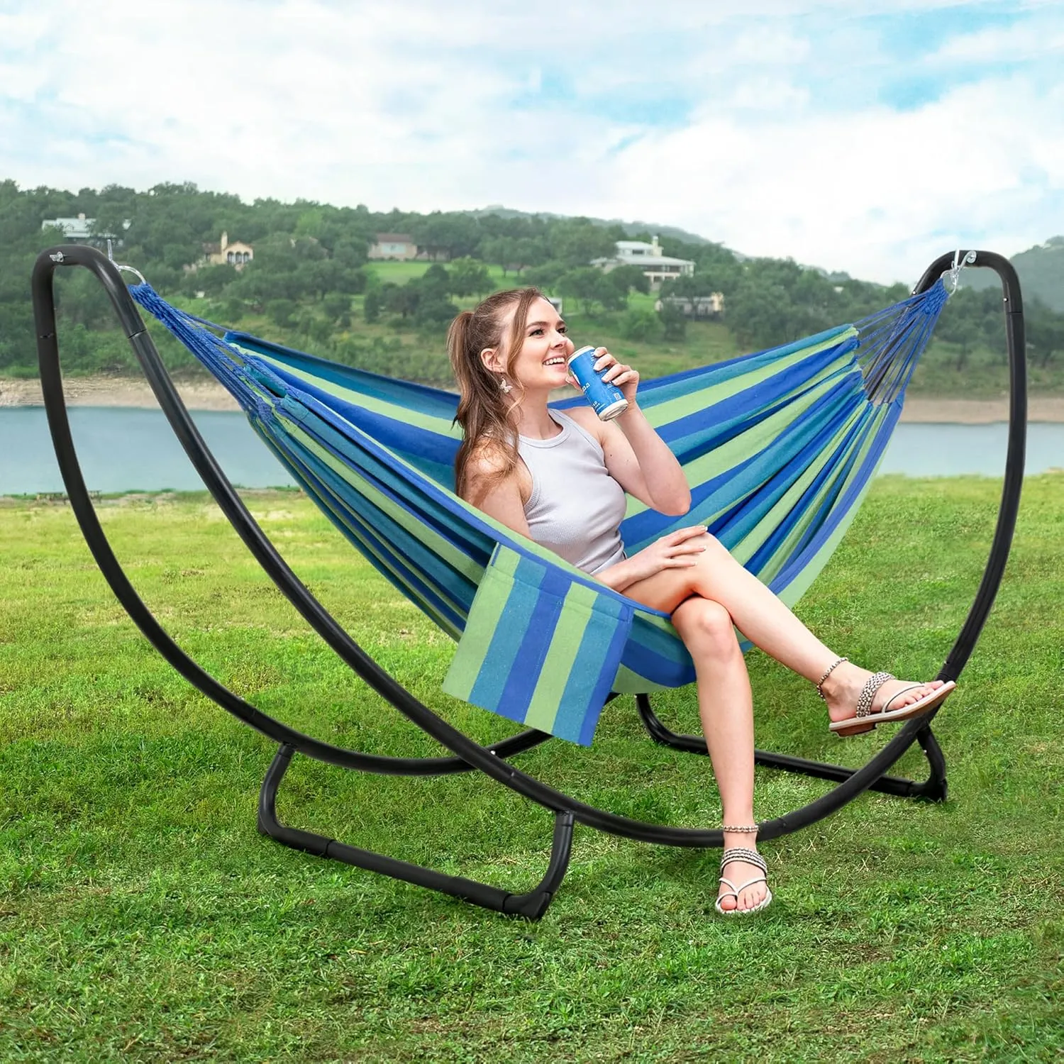 SUNCREAT Hammocks Standing Patio Hammock, Portable Hammock with Stand Foldable, Patent Pending, Blue Green