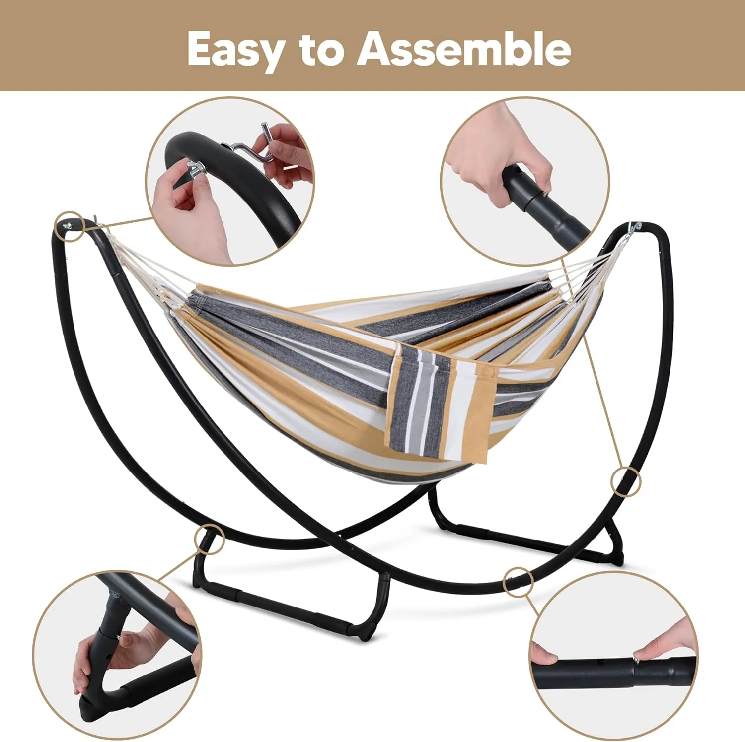 SUNCREAT Portable Large Hammock with Stand, Two Person Hammock with Stand Included, Patent Pending, Coffee White