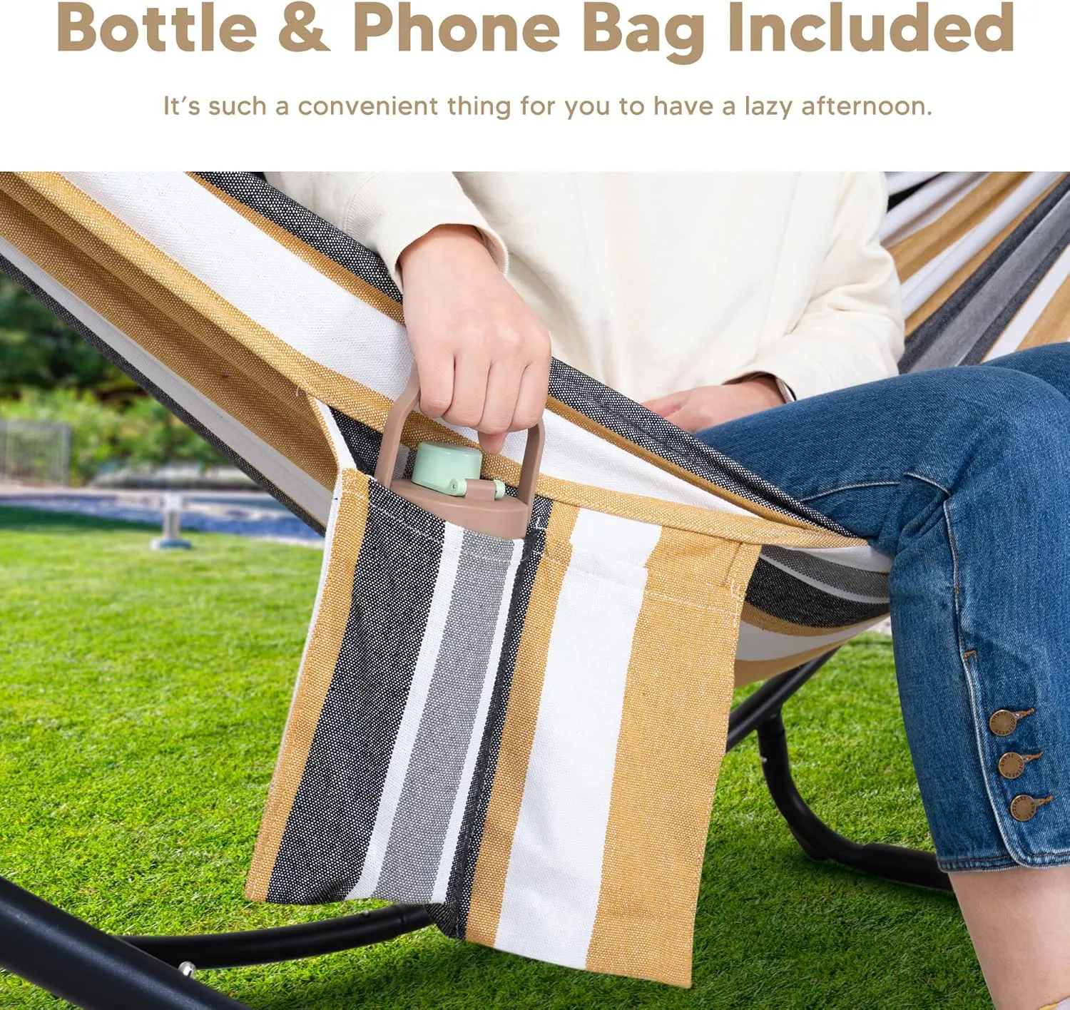 SUNCREAT Portable Large Hammock with Stand, Two Person Hammock with Stand Included, Patent Pending, Coffee White