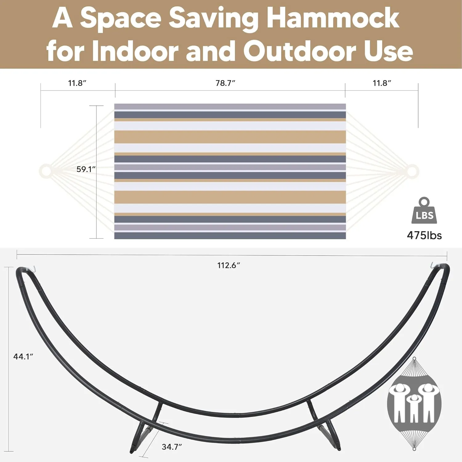 SUNCREAT Portable Large Hammock with Stand, Two Person Hammock with Stand Included, Patent Pending, Coffee White