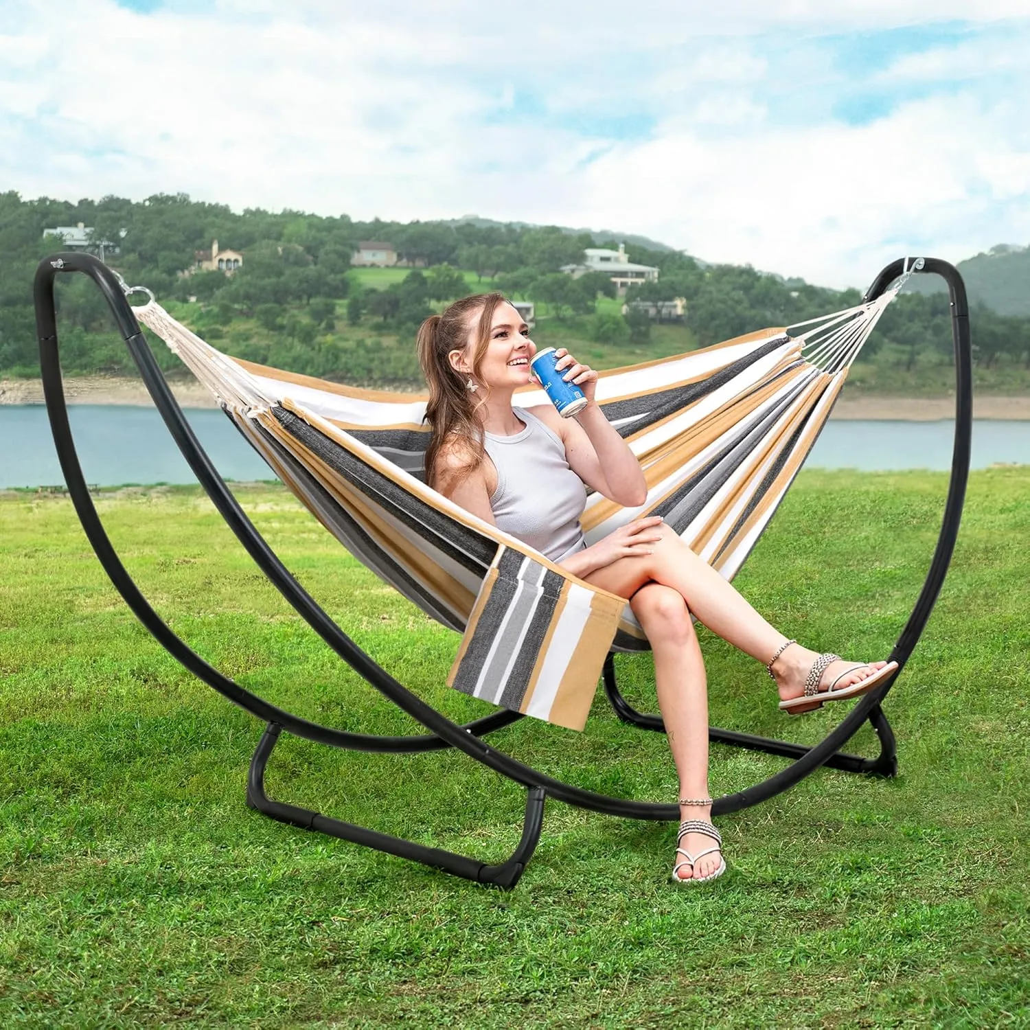 SUNCREAT Portable Large Hammock with Stand, Two Person Hammock with Stand Included, Patent Pending, Coffee White