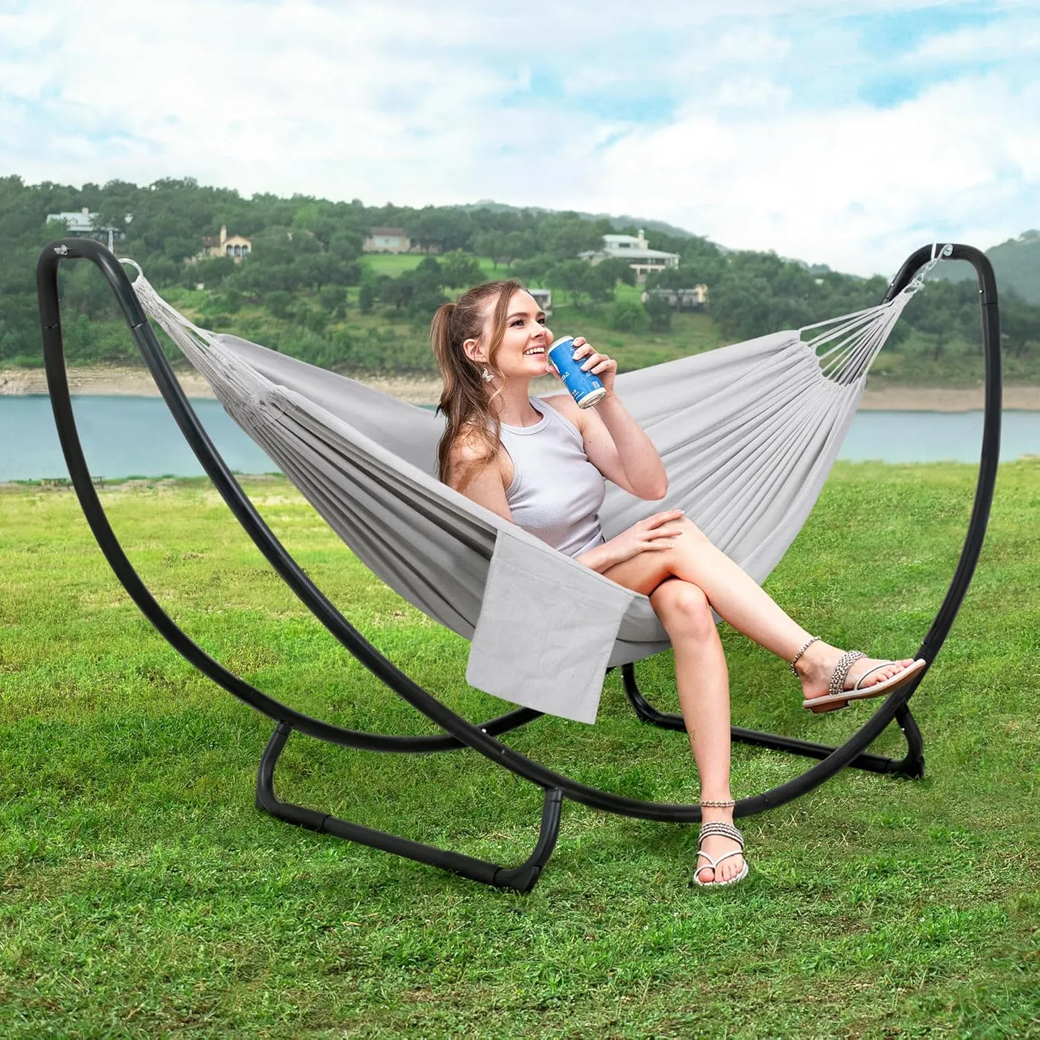 SUNCREAT Portable Large Hammock with Stand, Two Person Hammock with Stand Included, Patent Pending, Light Gray