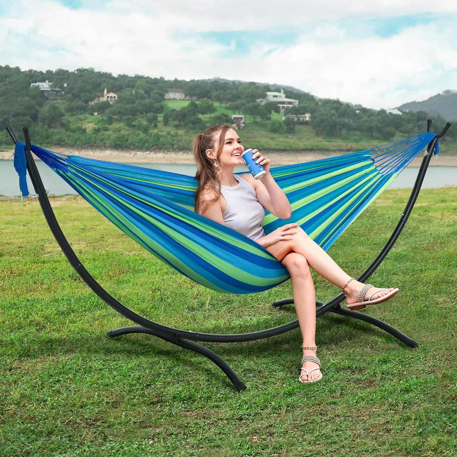 SUNCREAT Portable Outdoor Hammock with Stand Included, Double Hammock with Stand for Outside, Blue & Green Stripes