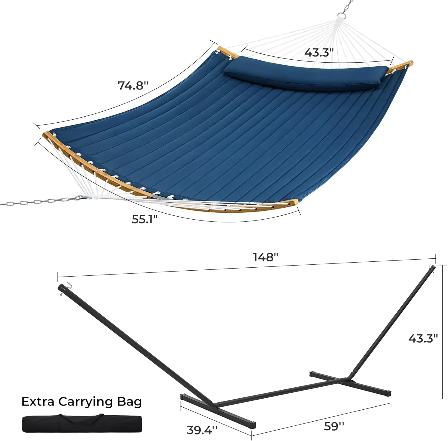 SUPERJARE Curved-Bar Hammock with Stand, 2 Person Heavy Duty Hammock Frame, Detachable Pillow & Portable Carrying Bag, Perfect for Outdoor & Indoor, Navy Blue