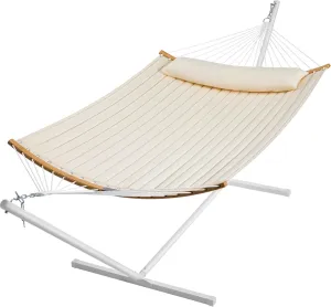 SUPERJARE Hammock with Stand, 2 Person Heavy Duty Hammock with Padded Cotton, Detachable Pillow & Strong Curved-Bar & Portable Carrying Bag, Perfect for Outdoor & Indoor, Creamy Beige
