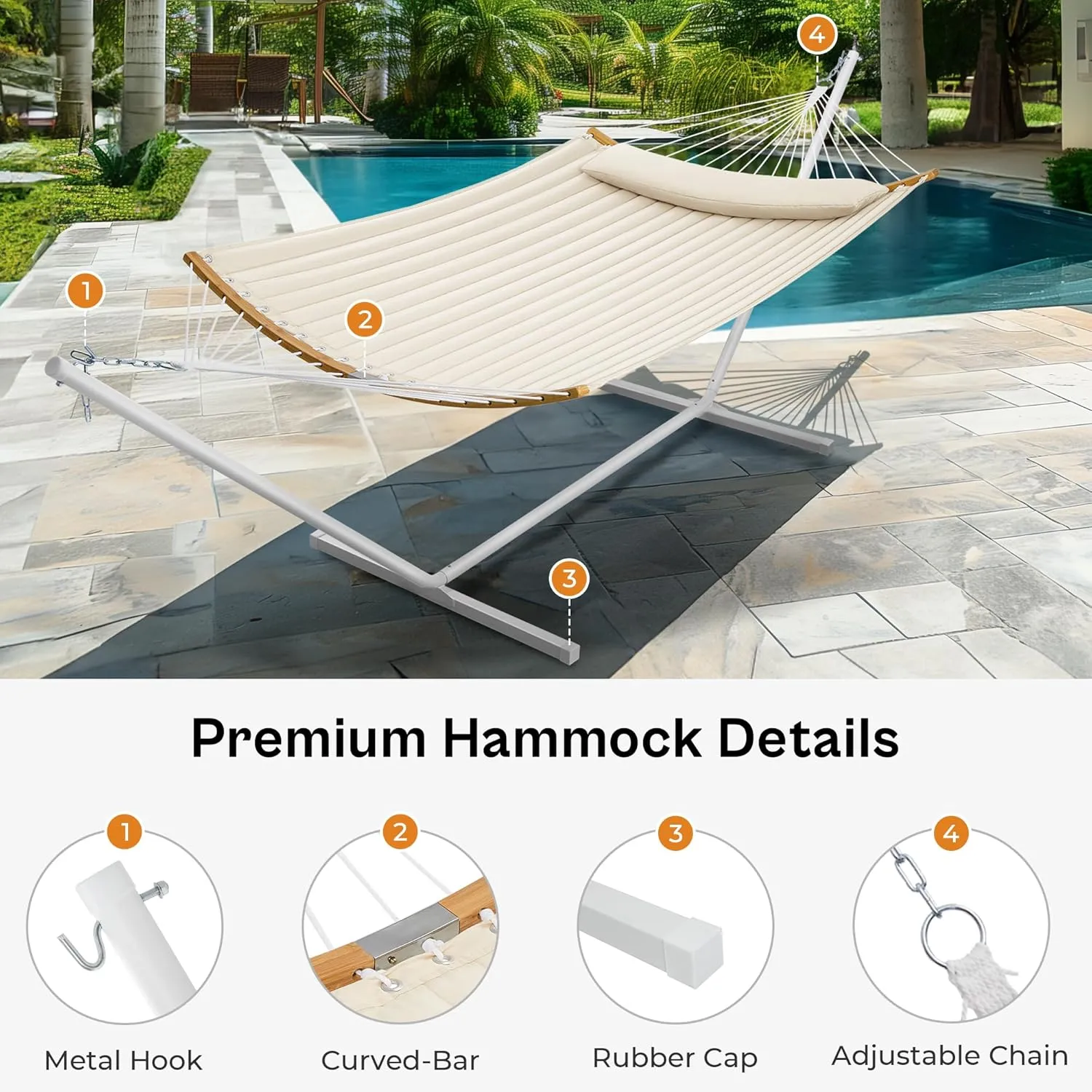 SUPERJARE Hammock with Stand, 2 Person Heavy Duty Hammock with Padded Cotton, Detachable Pillow & Strong Curved-Bar & Portable Carrying Bag, Perfect for Outdoor & Indoor, Creamy Beige