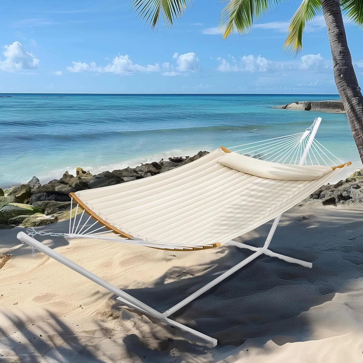 SUPERJARE Hammock with Stand, 2 Person Heavy Duty Hammock with Padded Cotton, Detachable Pillow & Strong Curved-Bar & Portable Carrying Bag, Perfect for Outdoor & Indoor, Creamy Beige