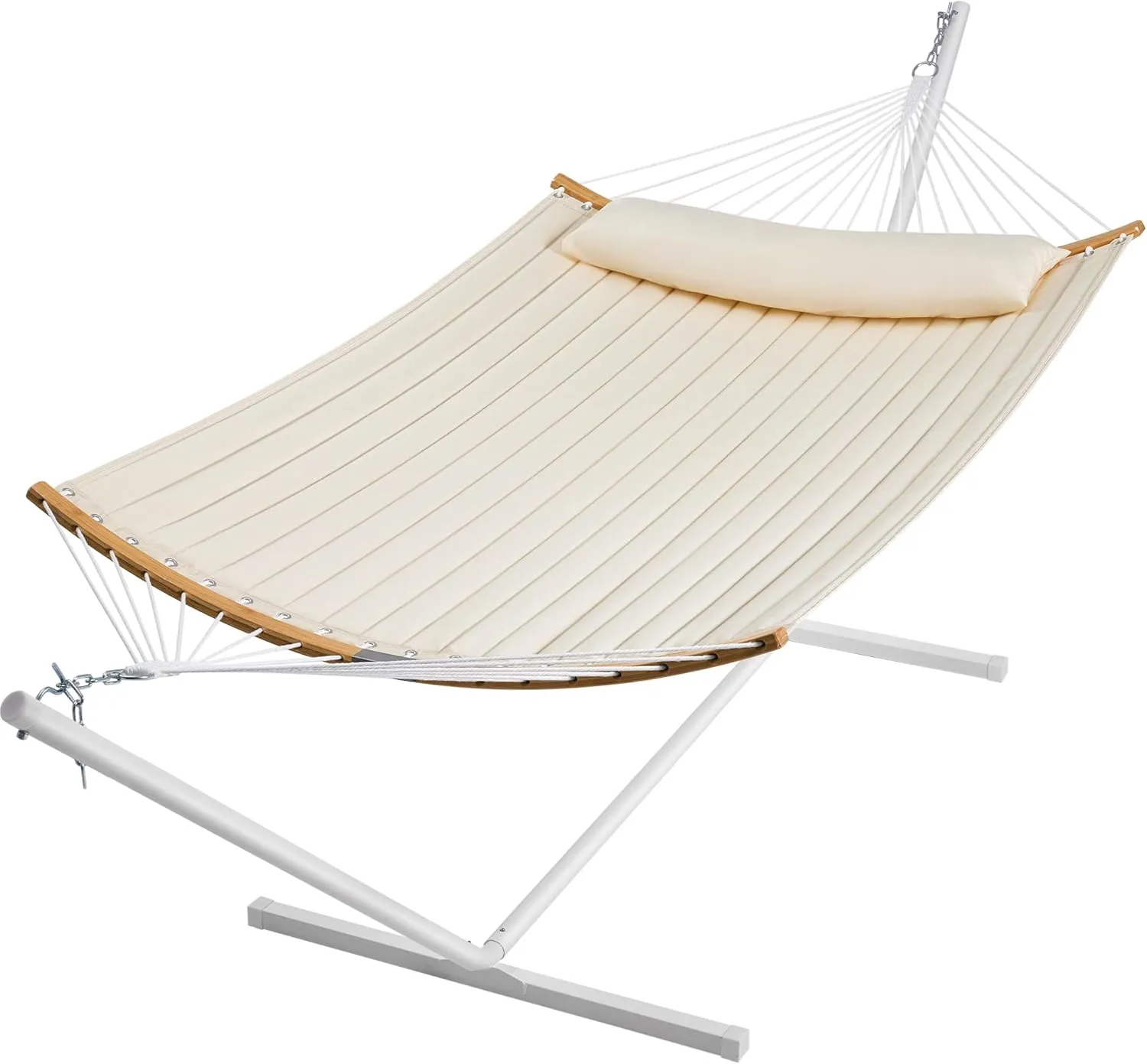 SUPERJARE Hammock with Stand, 2 Person Heavy Duty Hammock with Padded Cotton, Detachable Pillow & Strong Curved-Bar & Portable Carrying Bag, Perfect for Outdoor & Indoor, Creamy Beige