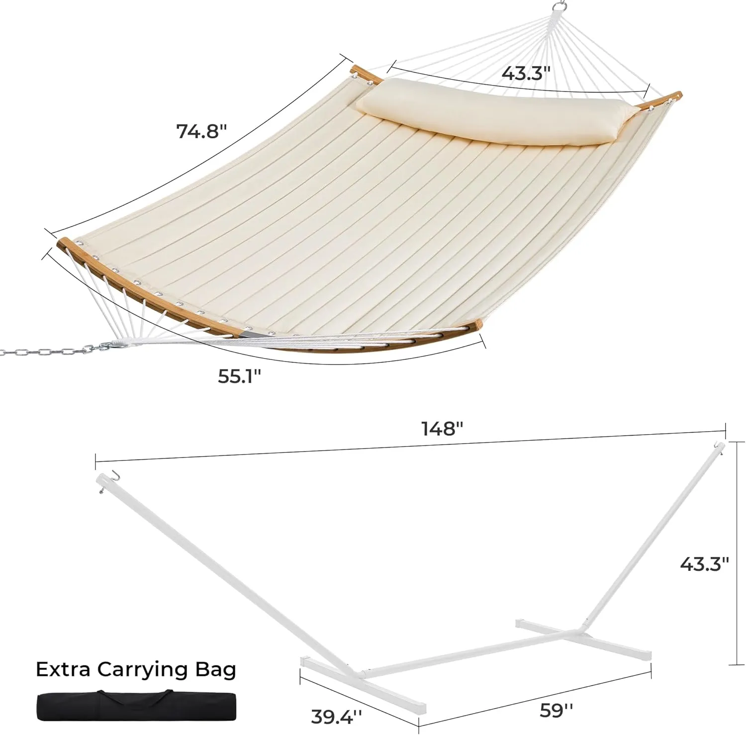 SUPERJARE Hammock with Stand, 2 Person Heavy Duty Hammock with Padded Cotton, Detachable Pillow & Strong Curved-Bar & Portable Carrying Bag, Perfect for Outdoor & Indoor, Creamy Beige