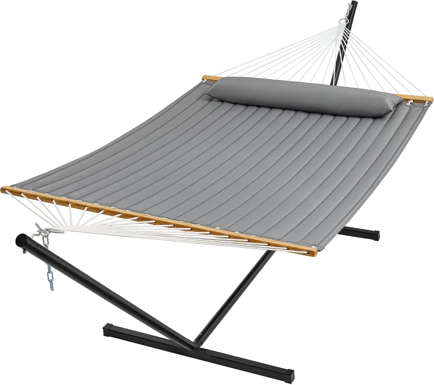 SUPERJARE Hammock with Stand, 2 Person Quilted Outdoor Hammock, Detachable Pillow & Bamboo Spreaders, Portable Hammock with Carrying Bag, Heavy Duty Stand, Perfect for Outside, Patio, Gray