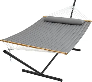 SUPERJARE Hammock with Stand, 2 Person Quilted Outdoor Hammock, Detachable Pillow & Bamboo Spreaders, Portable Hammock with Carrying Bag, Heavy Duty Stand, Perfect for Outside, Patio, Gray