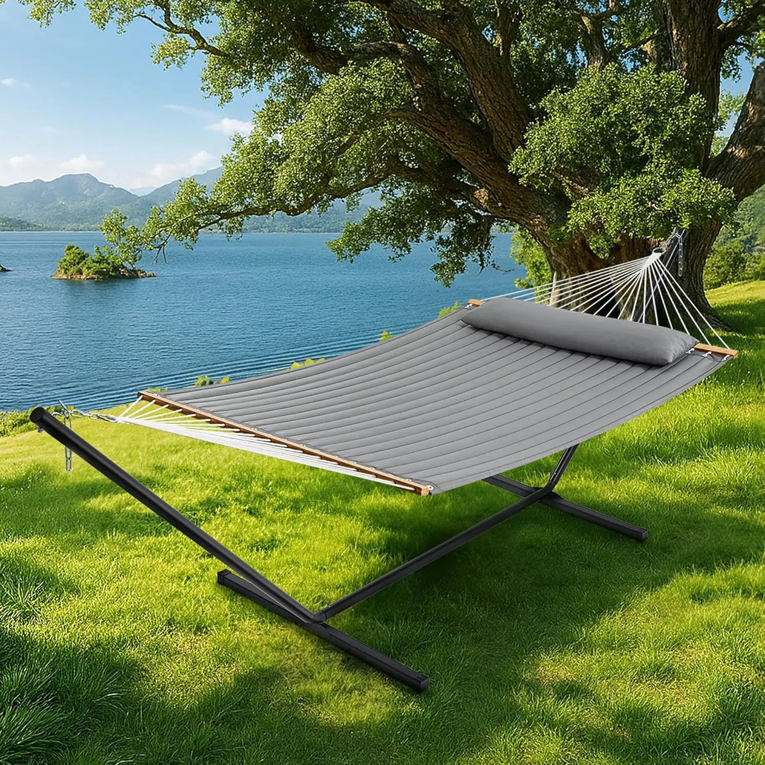 SUPERJARE Hammock with Stand, 2 Person Quilted Outdoor Hammock, Detachable Pillow & Bamboo Spreaders, Portable Hammock with Carrying Bag, Heavy Duty Stand, Perfect for Outside, Patio, Gray