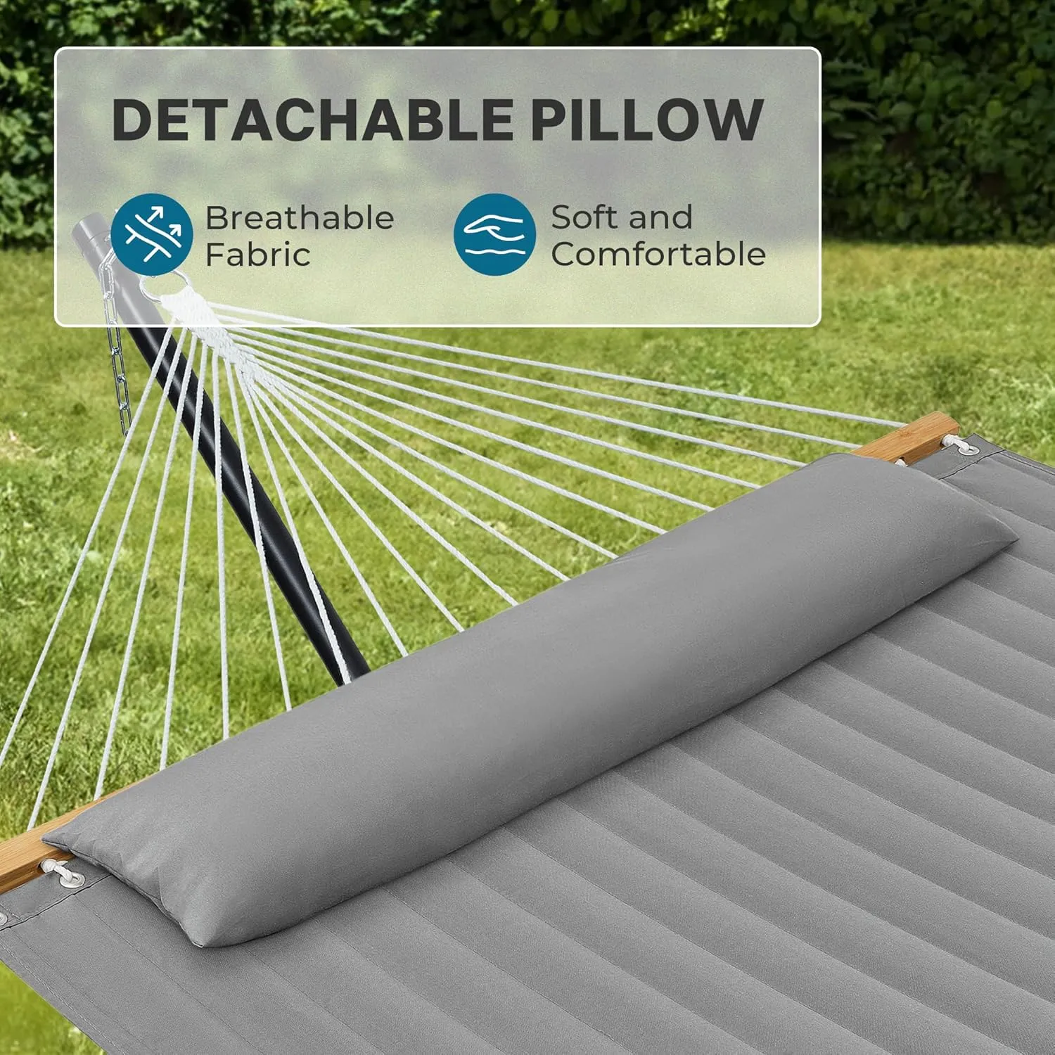 SUPERJARE Hammock with Stand, 2 Person Quilted Outdoor Hammock, Detachable Pillow & Bamboo Spreaders, Portable Hammock with Carrying Bag, Heavy Duty Stand, Perfect for Outside, Patio, Gray