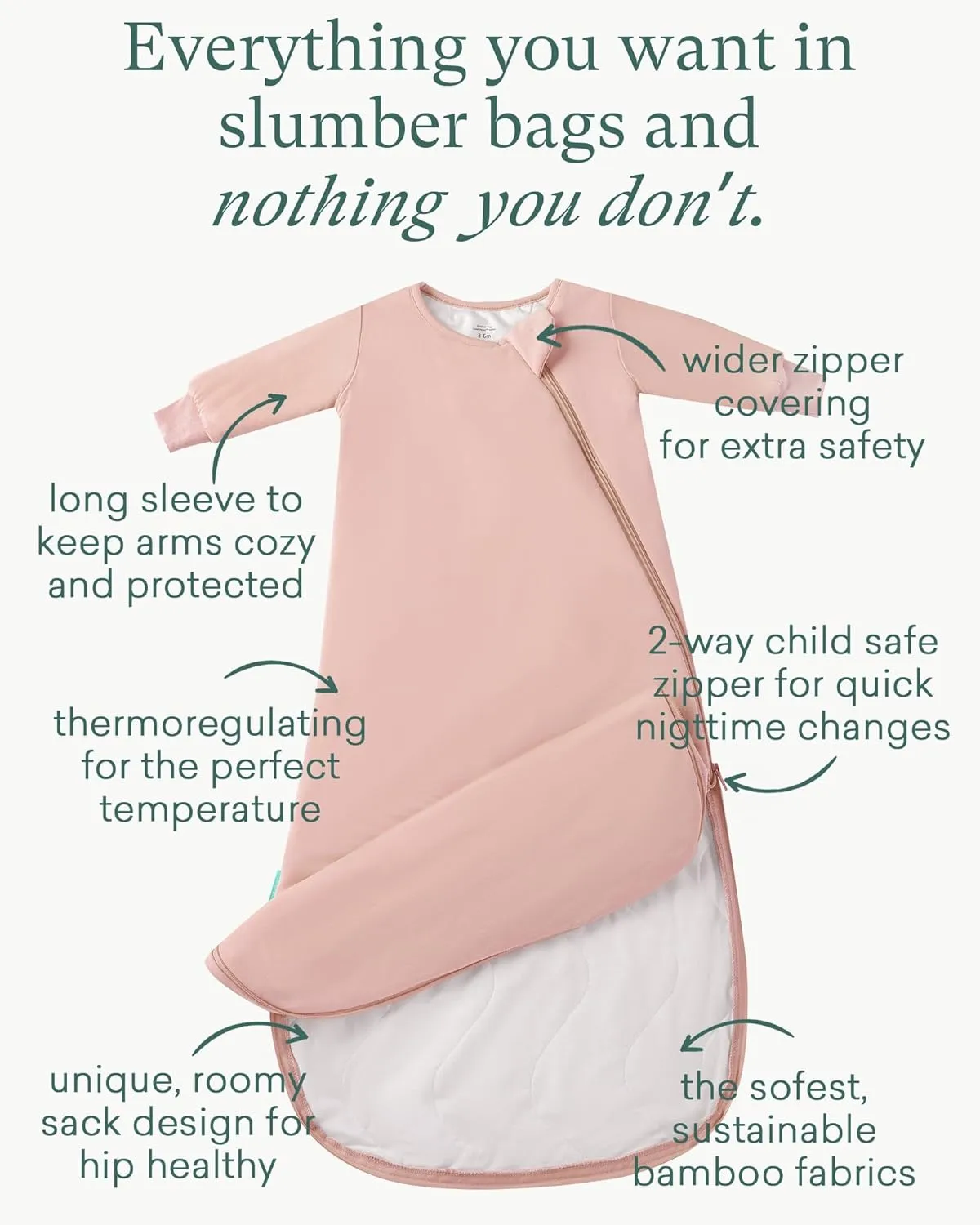 Supersoft Long Sleeve Sleep Sack 1.0 TOG, Bamboo Viscose Baby Sleeping Bag 2-Way Zipper Sleep Sack with Sleeves