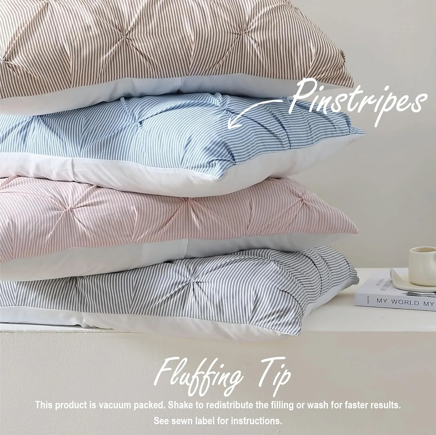 Swift Home King Pinstripe Chambray Blue Comforter Set - Classic Pintuck Bedding Set - 3 Pieces Bed Linen, 1 Comforter and 2 Pillow Shams