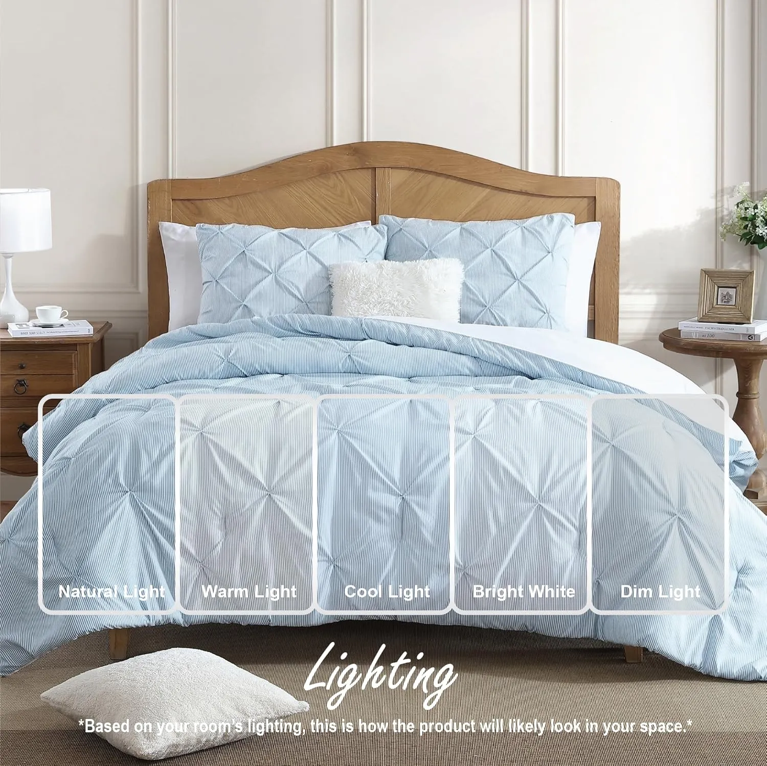 Swift Home King Pinstripe Chambray Blue Comforter Set - Classic Pintuck Bedding Set - 3 Pieces Bed Linen, 1 Comforter and 2 Pillow Shams
