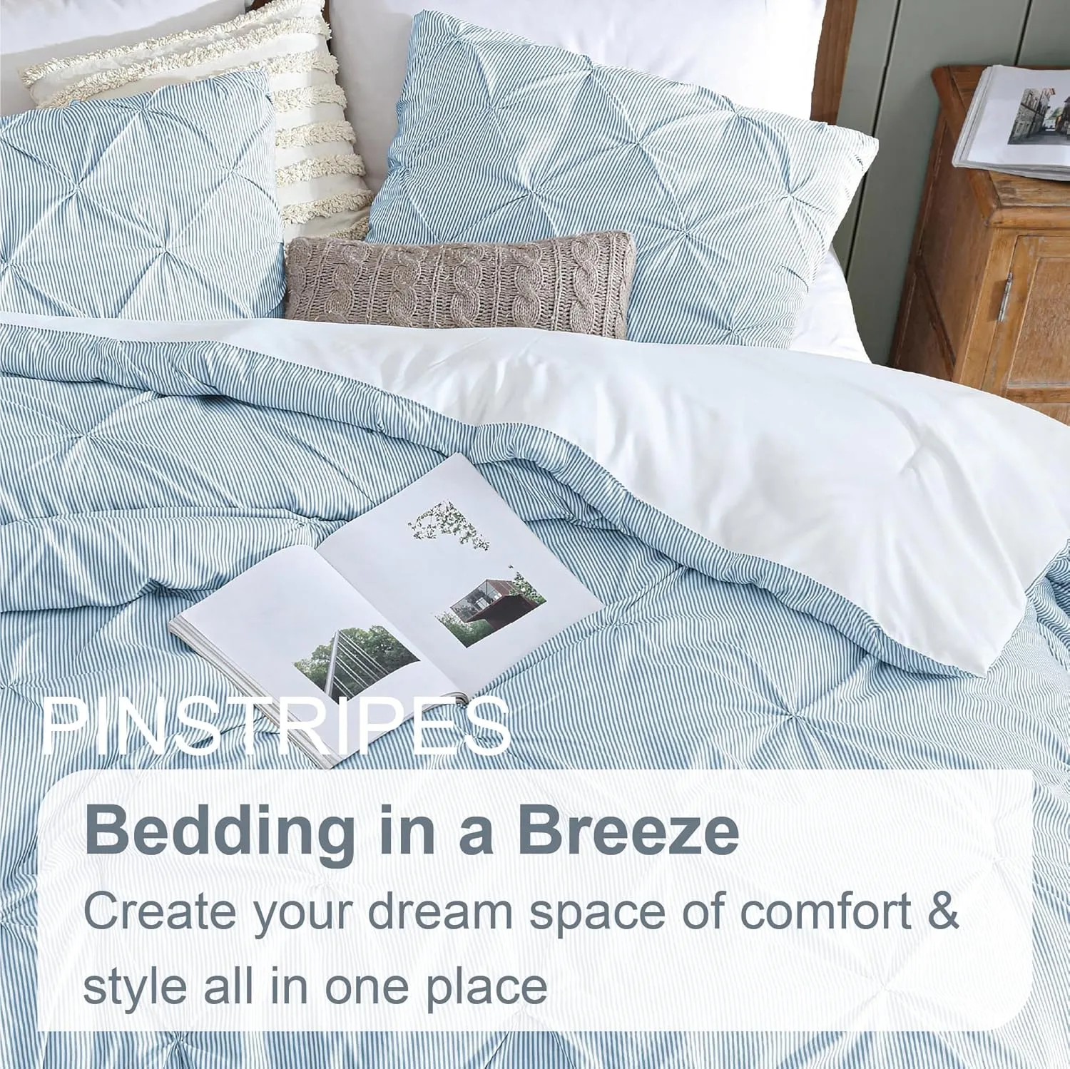 Swift Home King Pinstripe Chambray Blue Comforter Set - Classic Pintuck Bedding Set - 3 Pieces Bed Linen, 1 Comforter and 2 Pillow Shams
