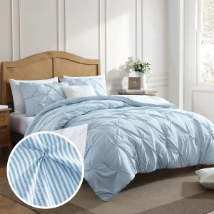 Swift Home King Pinstripe Chambray Blue Comforter Set - Classic Pintuck Bedding Set - 3 Pieces Bed Linen, 1 Comforter and 2 Pillow Shams