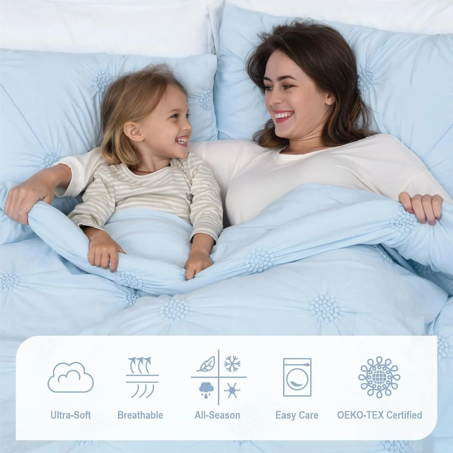 Swift Home King Pinstripe Chambray Blue Comforter Set - Classic Pintuck Bedding Set - 3 Pieces Bed Linen, 1 Comforter and 2 Pillow Shams