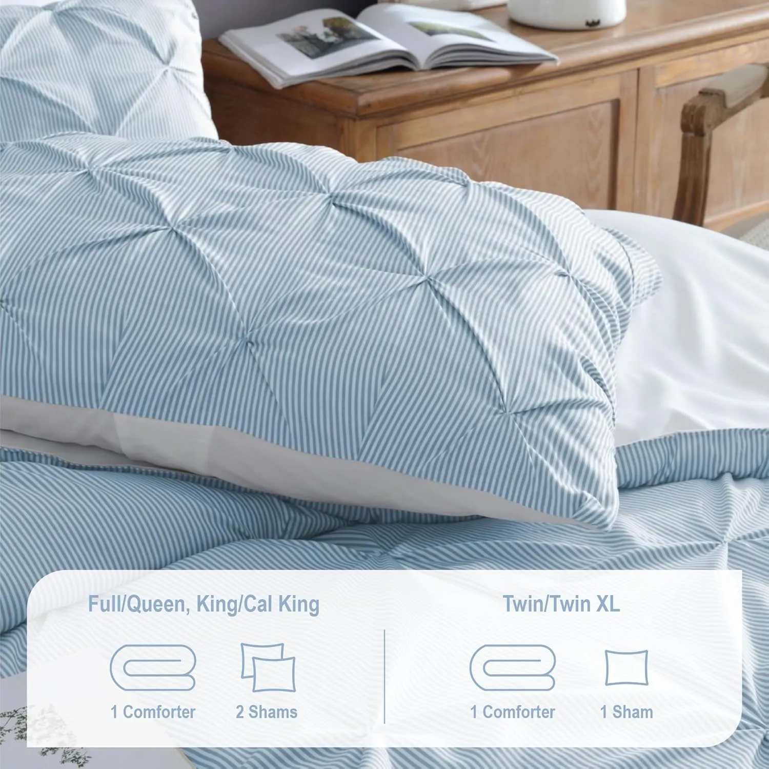 Swift Home King Pinstripe Chambray Blue Comforter Set - Classic Pintuck Bedding Set - 3 Pieces Bed Linen, 1 Comforter and 2 Pillow Shams