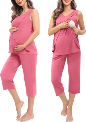 SWOMOG Women Maternity Pajama Set Nursing Pjs Double Layer Sleeveless Top Capri Pregnancy Set Breastfeeding Pjs with Pockets