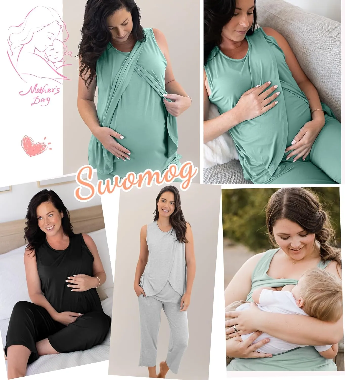 SWOMOG Women Maternity Pajama Set Nursing Pjs Double Layer Sleeveless Top Capri Pregnancy Set Breastfeeding Pjs with Pockets