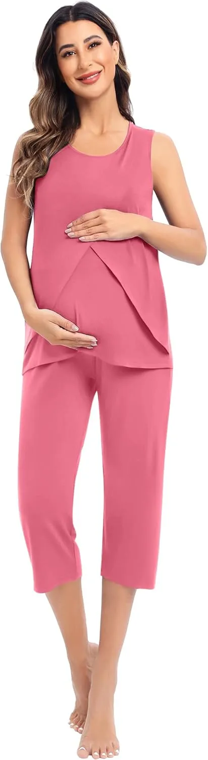 SWOMOG Women Maternity Pajama Set Nursing Pjs Double Layer Sleeveless Top Capri Pregnancy Set Breastfeeding Pjs with Pockets