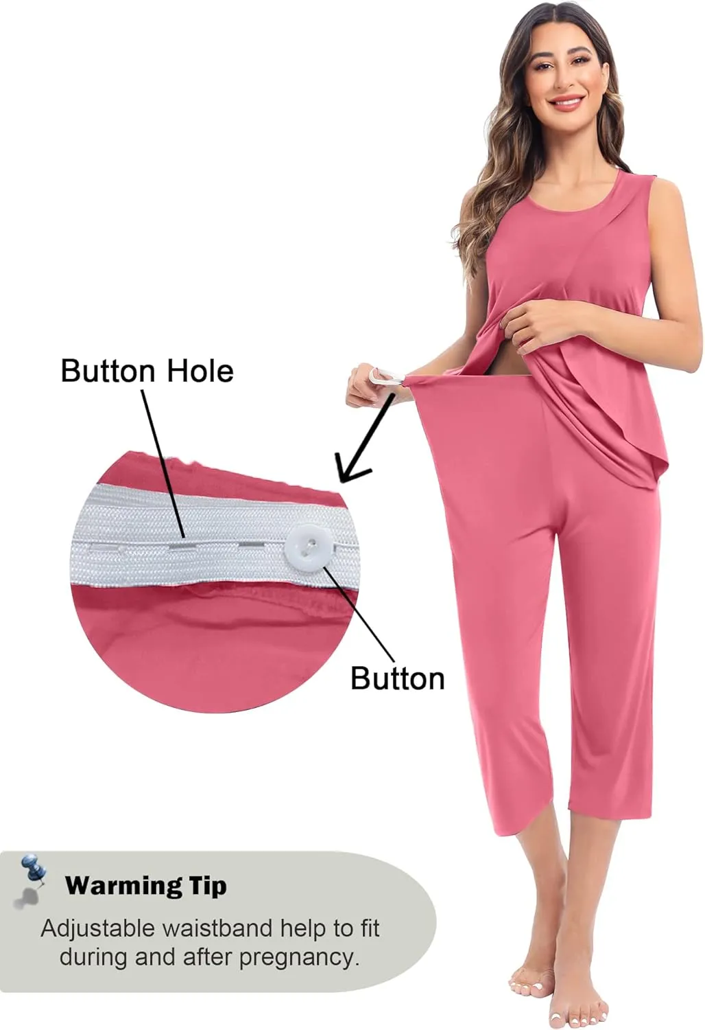 SWOMOG Women Maternity Pajama Set Nursing Pjs Double Layer Sleeveless Top Capri Pregnancy Set Breastfeeding Pjs with Pockets