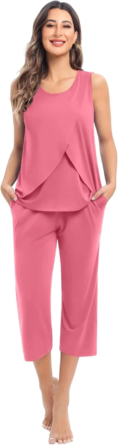 SWOMOG Women Maternity Pajama Set Nursing Pjs Double Layer Sleeveless Top Capri Pregnancy Set Breastfeeding Pjs with Pockets