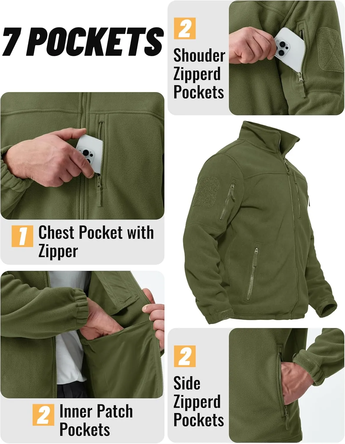 TACVASEN Men's Fleece Jacket Full Zip Winter Jacket Lightweight Tactical Jackets Outdoor Hiking Coats with Pockets